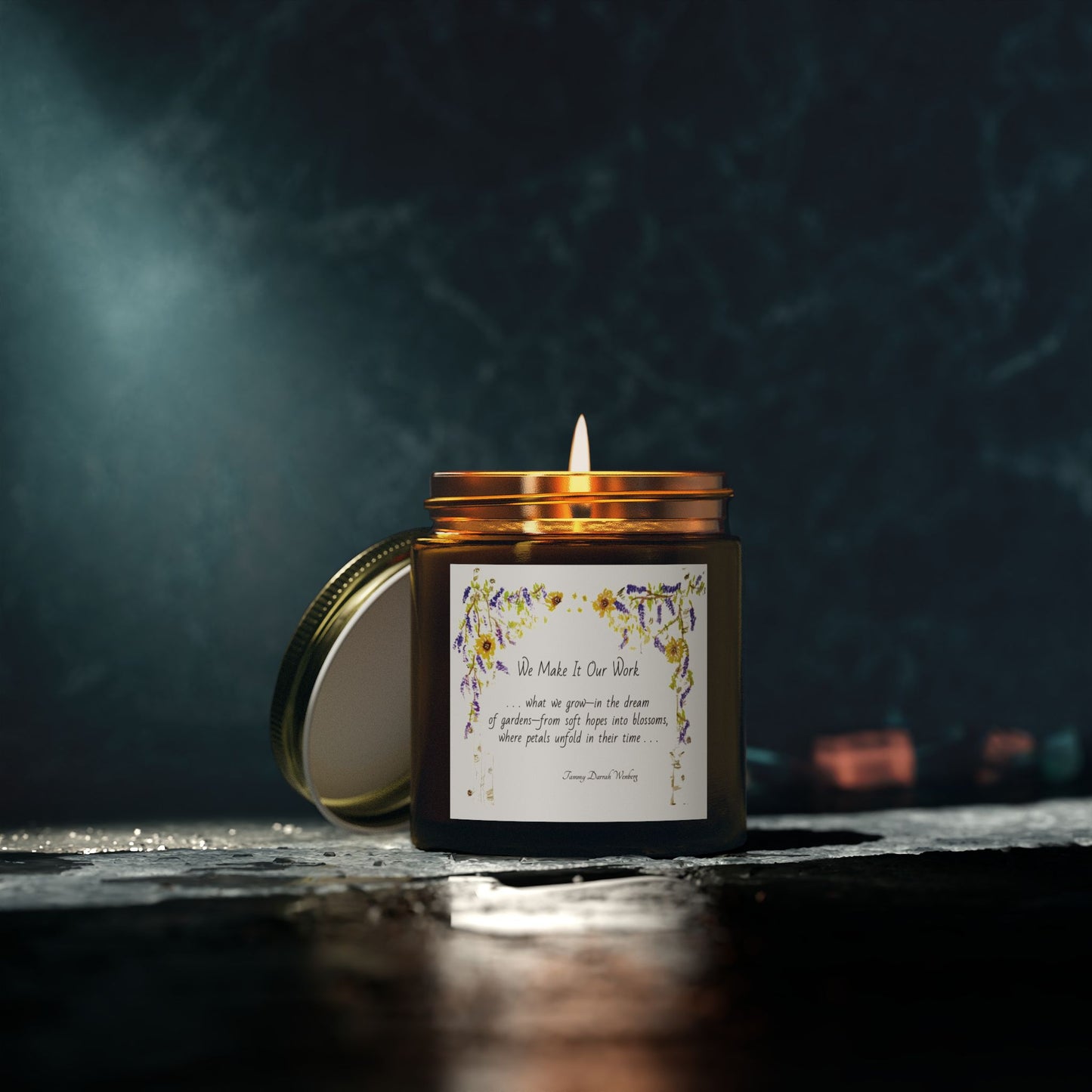We Make It Our Work Scented Candles, Coconut Apricot Wax (4oz, 9oz), Featuring an Arbor of Sunflowers