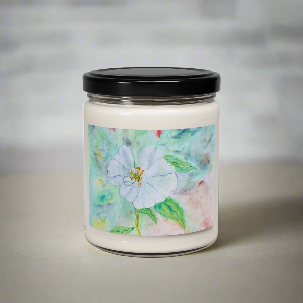 Eco-Friendly Soy Candle (9 oz.), Featuring Delicate Watercolor White Flower. Multiple Scents Available.