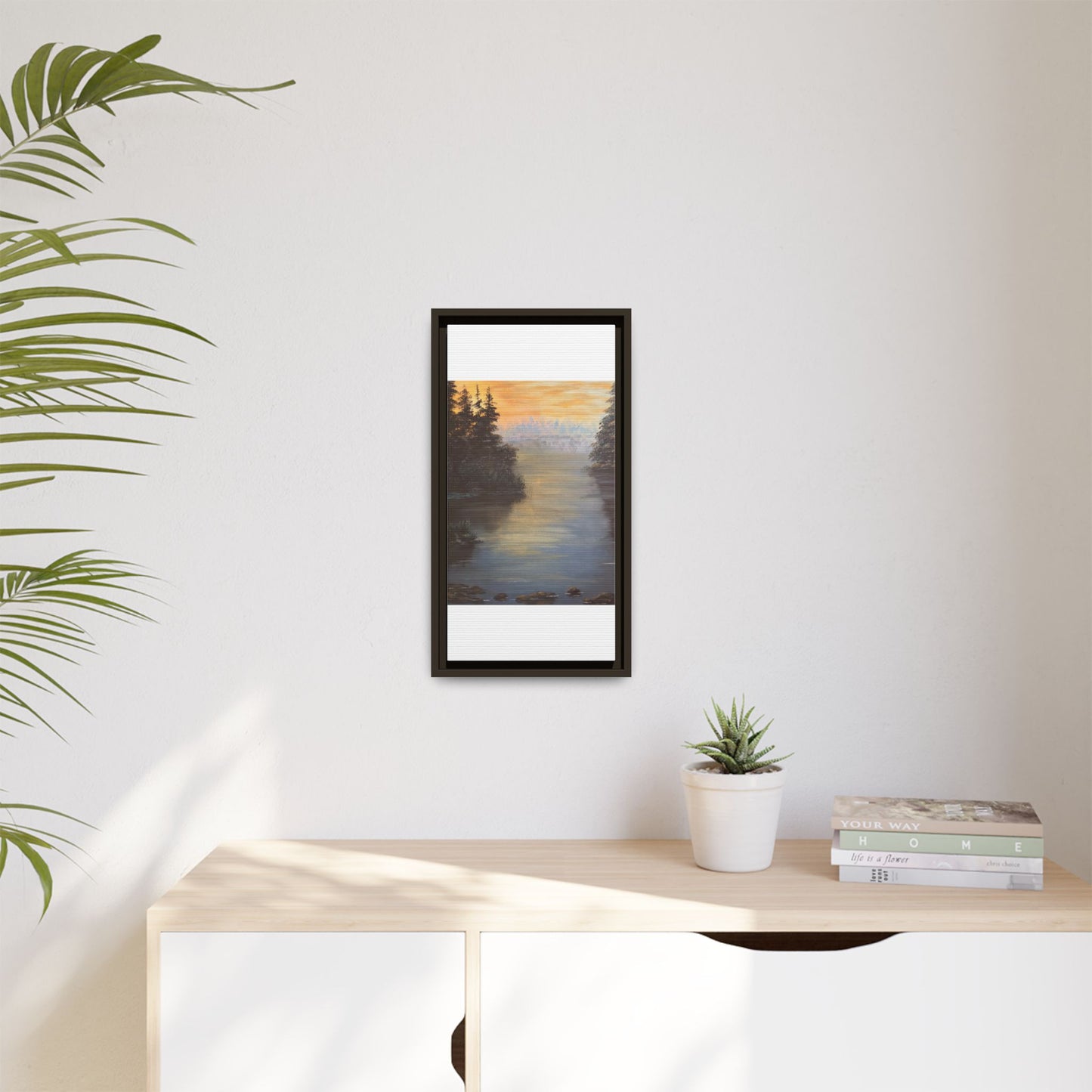 Peaceful Northwoods Lake Matte Canvas with Black or Espresso Frame. Available in sizes from 8” x 10”-24” x 32”