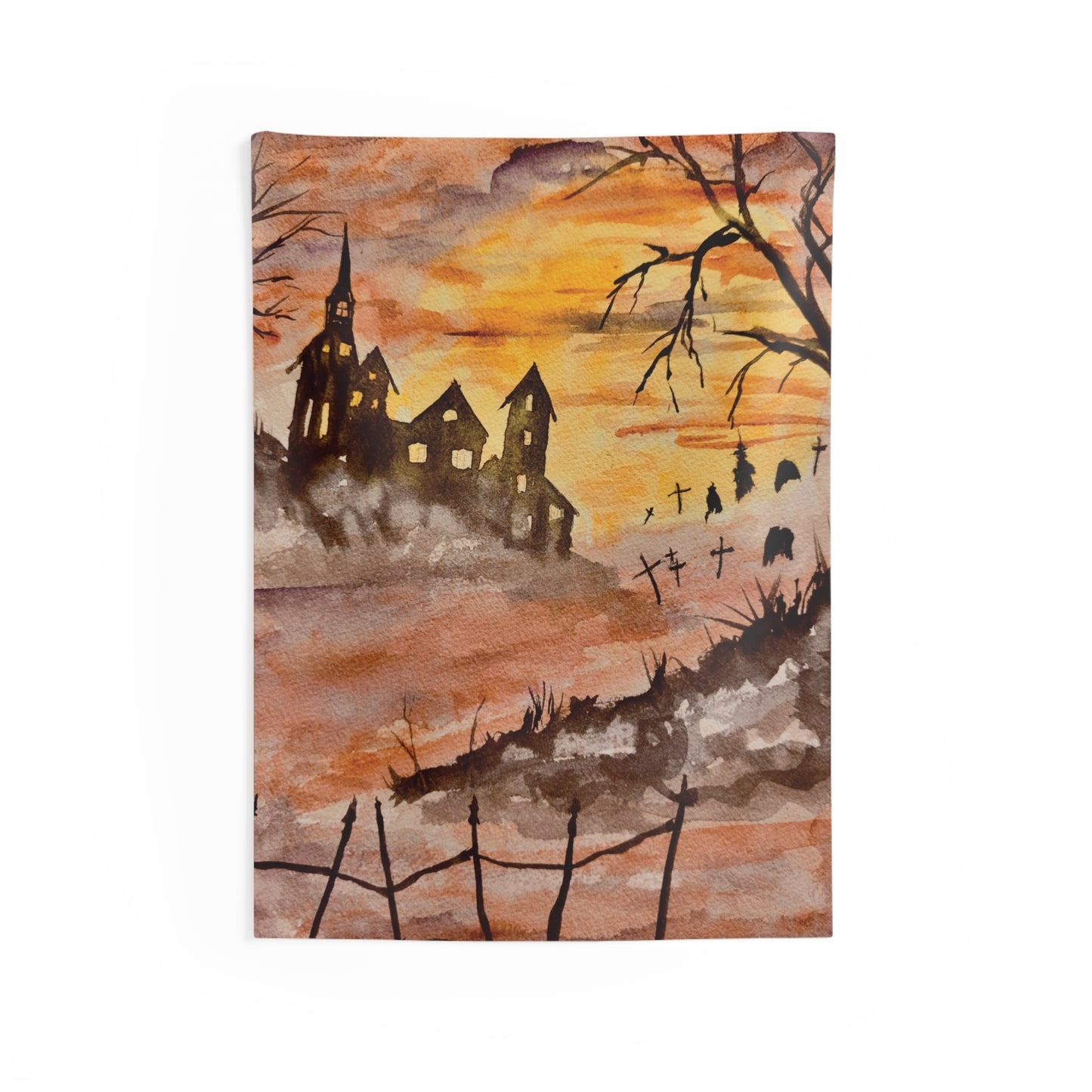 Halloween House and Spooky Graveyard Indoor Wall Tapestry. Available in size 26” x 36” and 50” x 60”