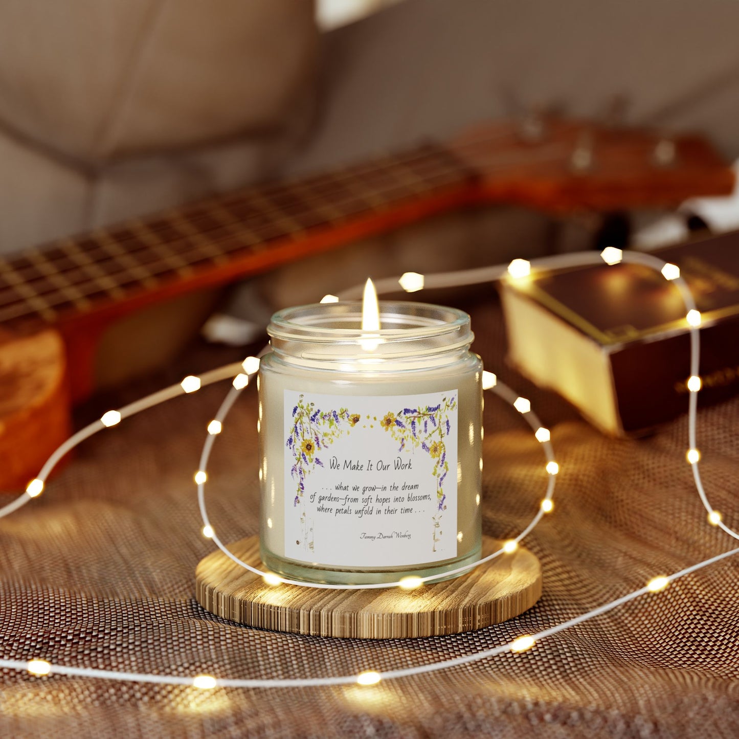 We Make It Our Work Scented Candles, Coconut Apricot Wax (4oz, 9oz), Featuring an Arbor of Sunflowers