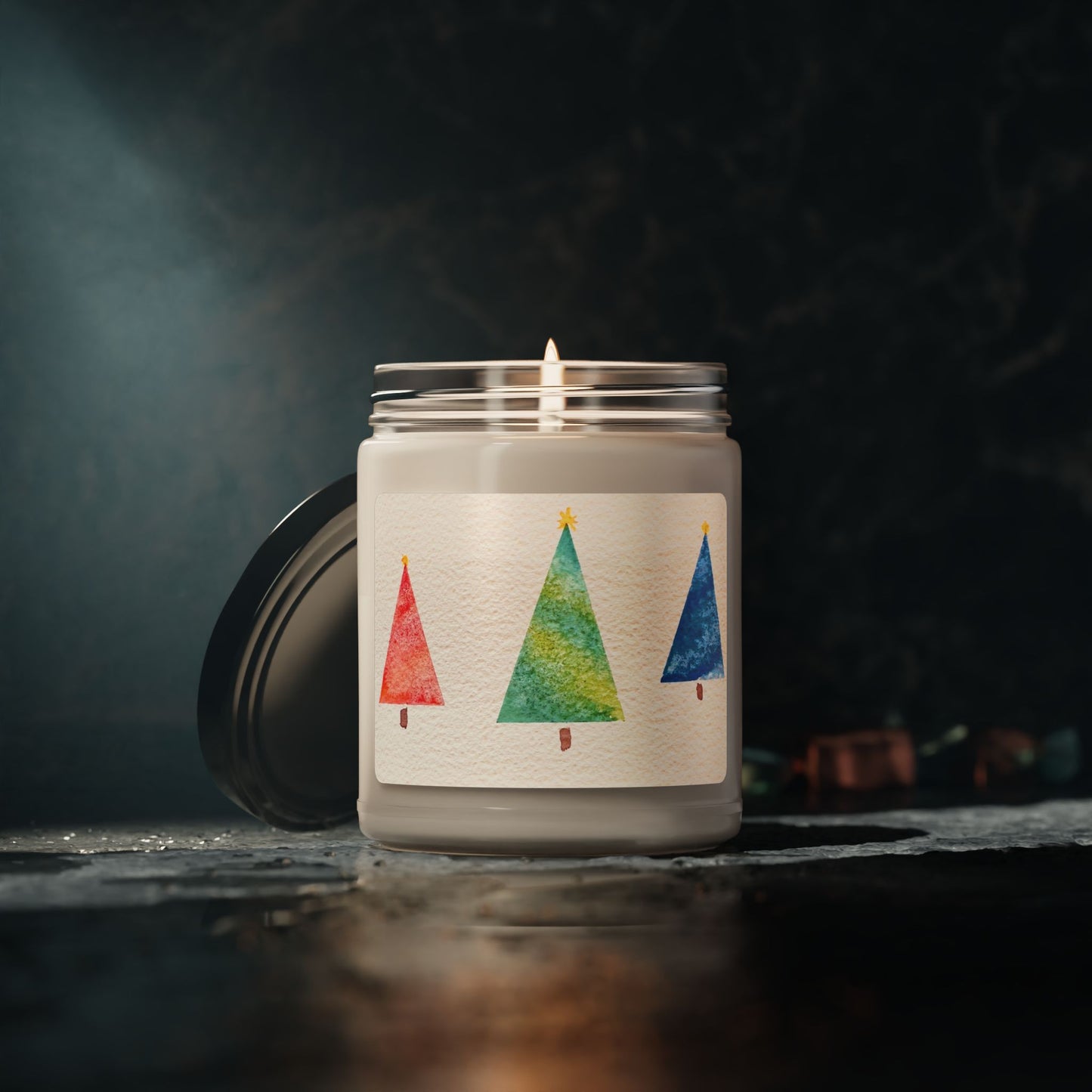 Eco-Friendly Soy Candle (9 oz.), Featuring Happy Holiday Trees. Multiple Scents Available