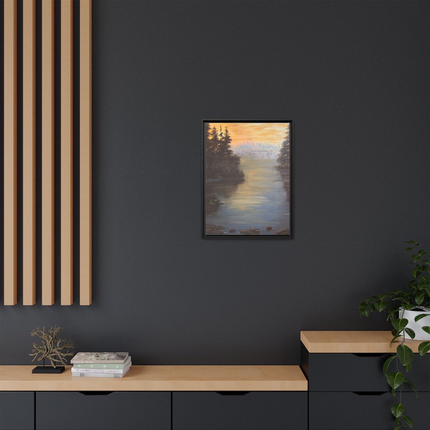 Peaceful Northwoods Lake Matte Canvas with Black or Espresso Frame. Available in sizes from 8” x 10”-24” x 32”