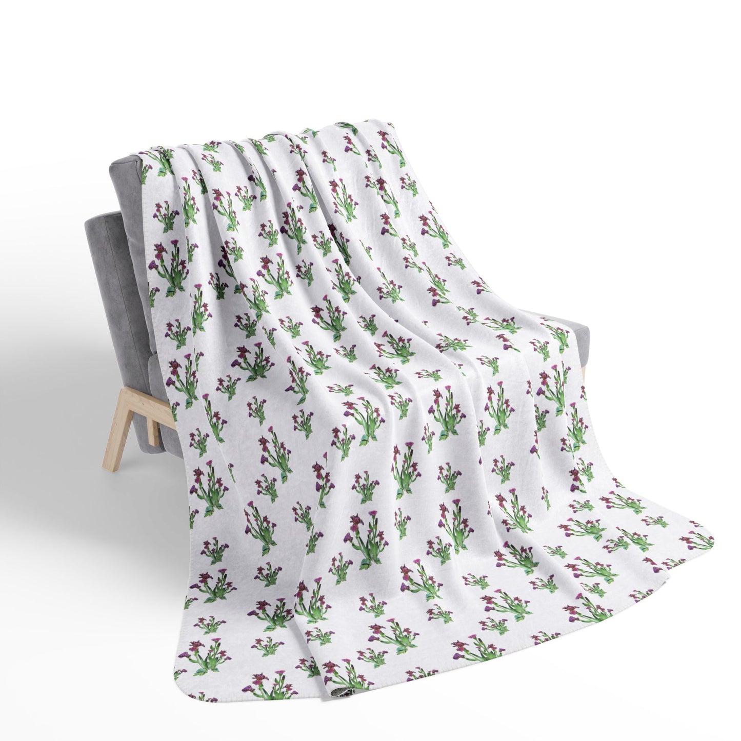 Fleece Sherpa Blanket Featuring Purple Irises. Available in sizes from 50” x 60”-60” x 80”