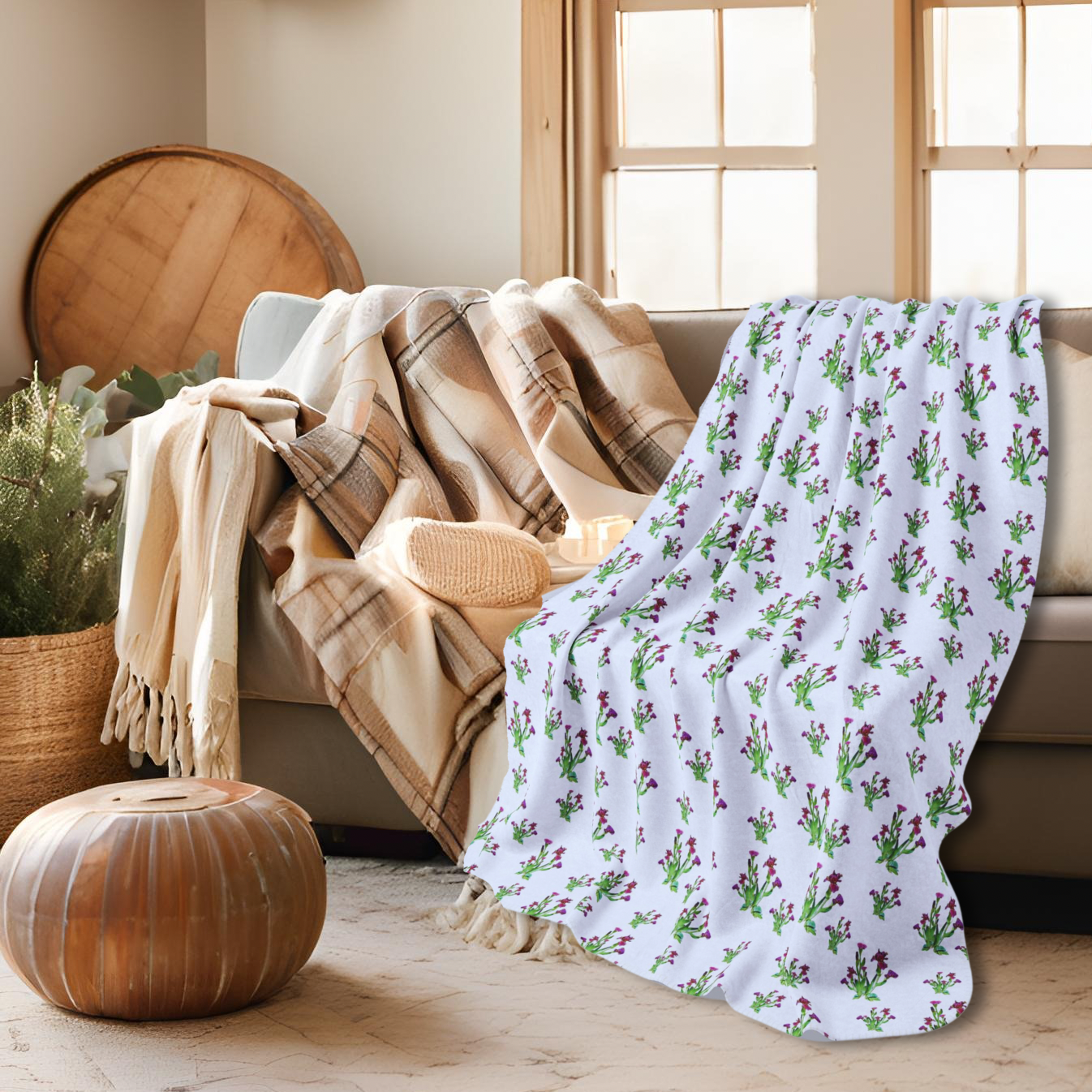Fleece Sherpa Blanket Featuring Purple Irises. Available in sizes from 50” x 60”-60” x 80”