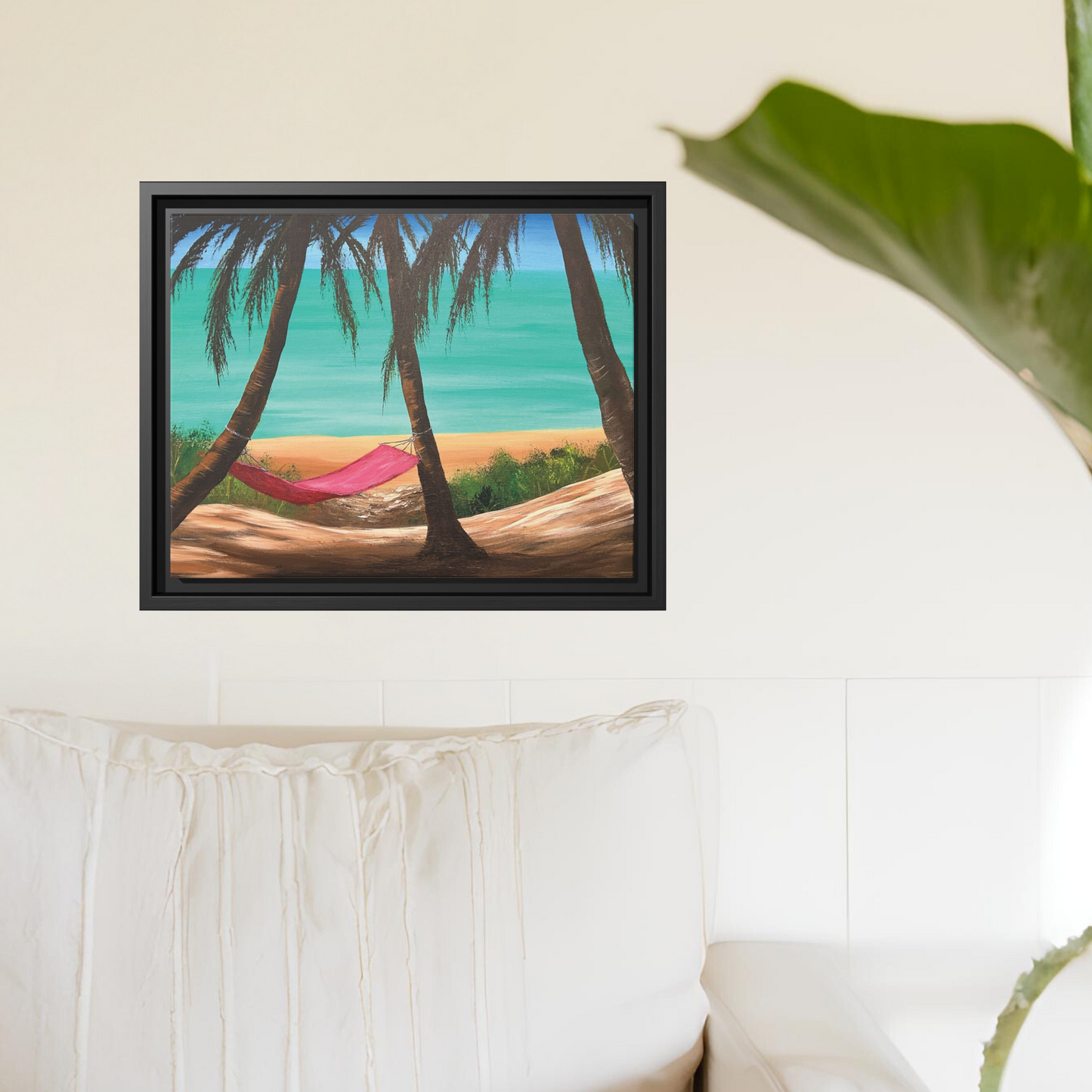 Matte Canvas with Black Frame Featuring Hawaii Beach Hammock. Available in sizes from 12” x 9”-16” x 12”