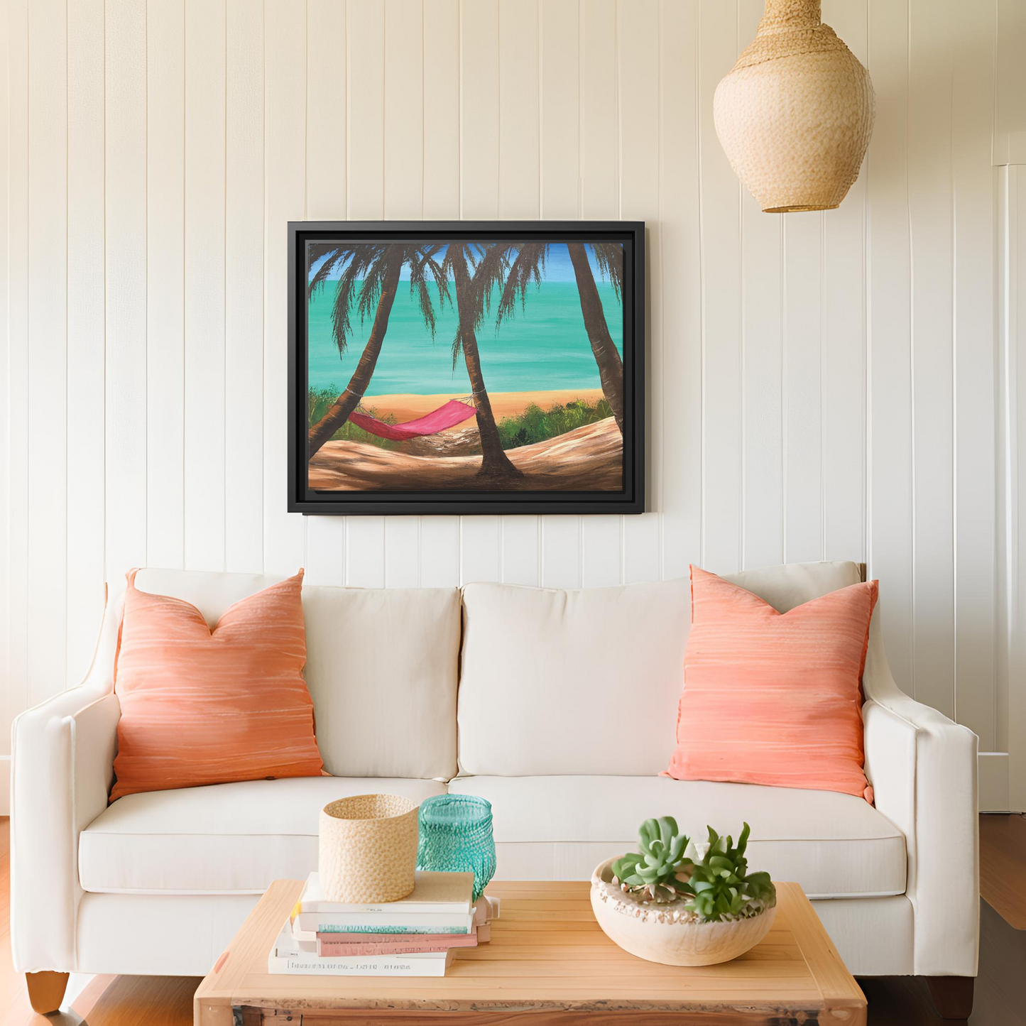 Matte Canvas with Black Frame Featuring Hawaii Beach Hammock. Available in sizes from 12” x 9”-16” x 12”