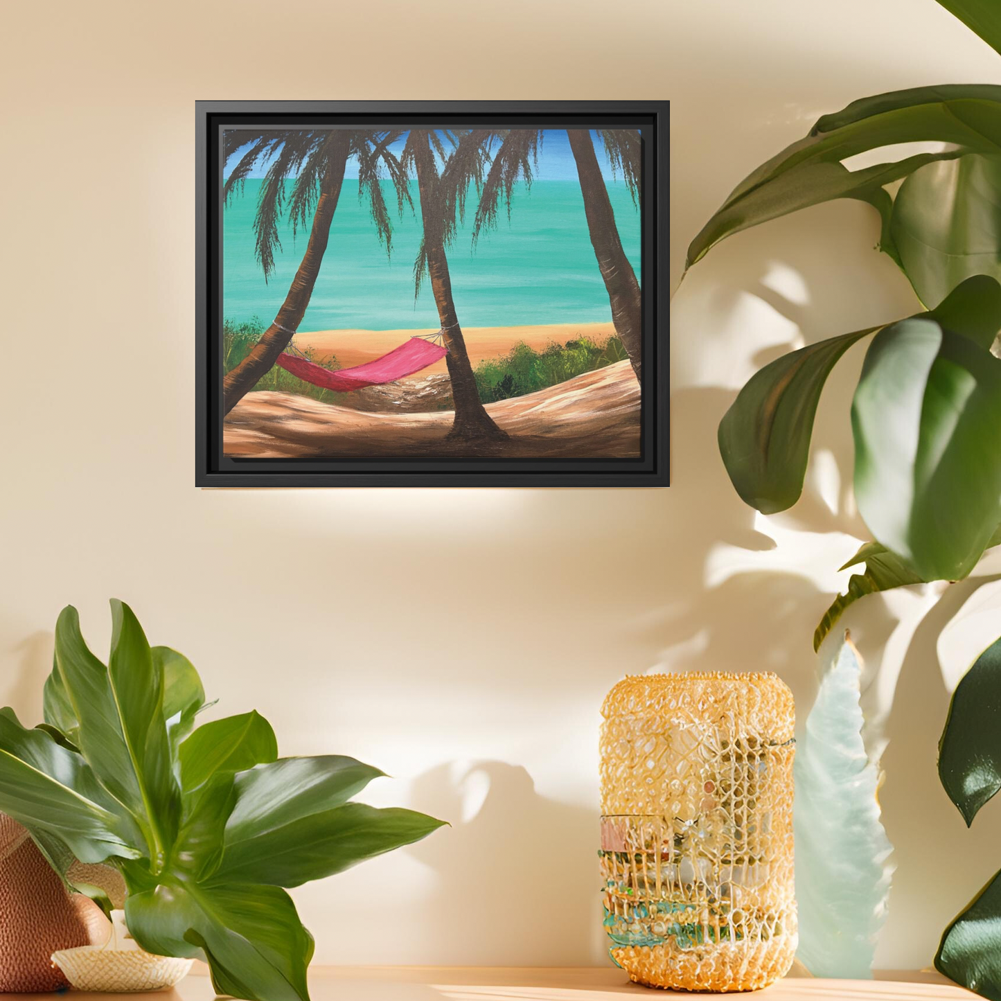 Matte Canvas with Black Frame Featuring Hawaii Beach Hammock. Available in sizes from 12” x 9”-16” x 12”