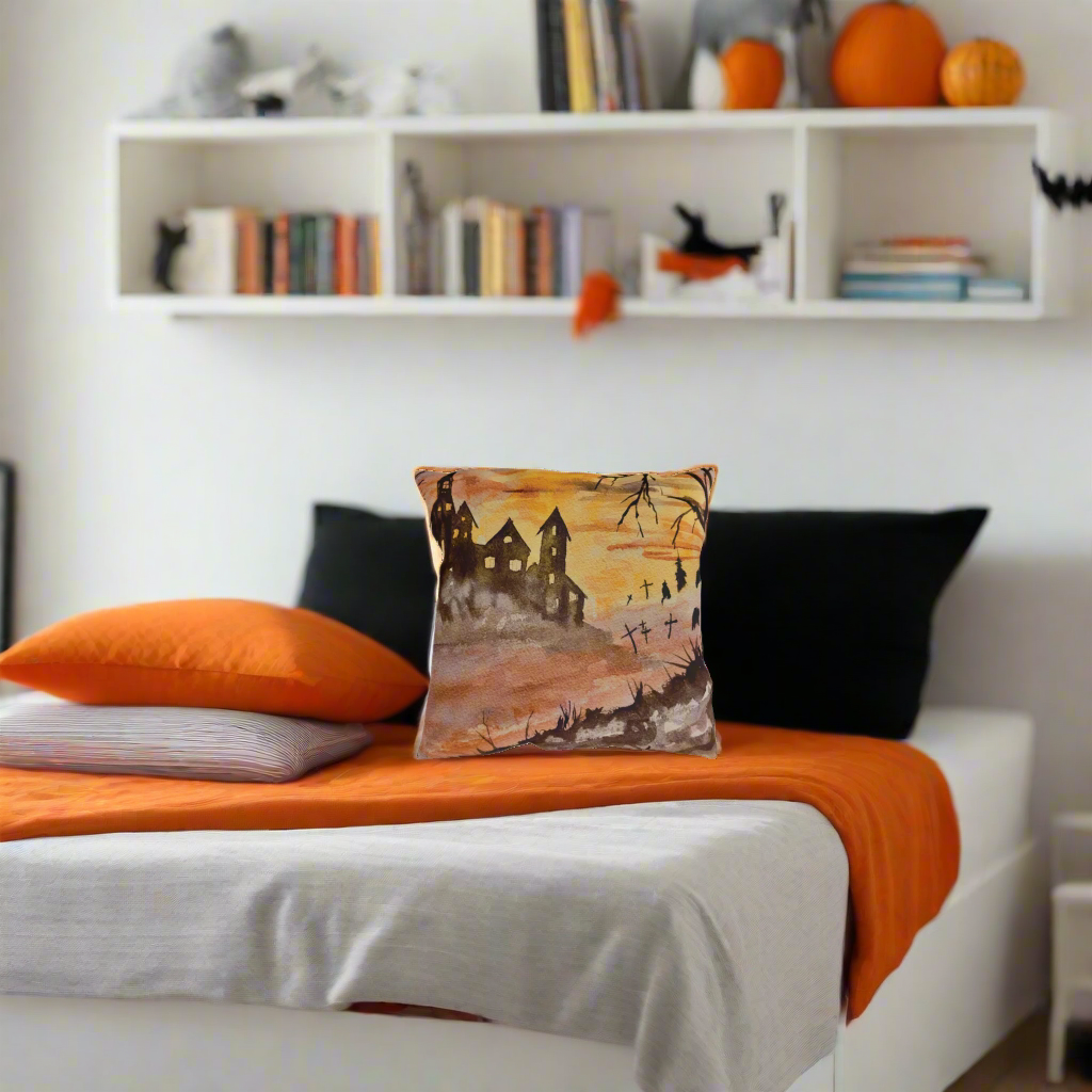 Halloween House and Graveyard Pillows. Available in sizes from 16” x 16”-20” x 20”