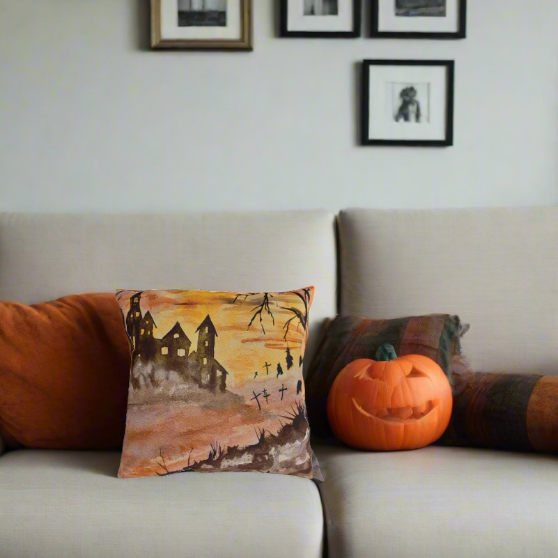 Halloween House and Graveyard Pillows. Available in sizes from 16” x 16”-20” x 20”