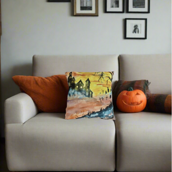 Halloween House and Graveyard (Vibrant) Pillows. Available in sizes from 16” x 16”-20” x 20”