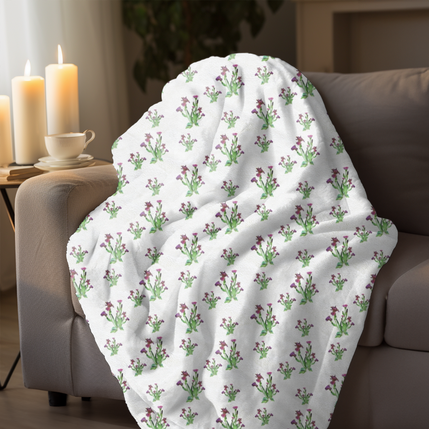 Velveteen Plush Blanket Featuring Purple Irises. Available in sizes from 30” x 40”-60” x 80”