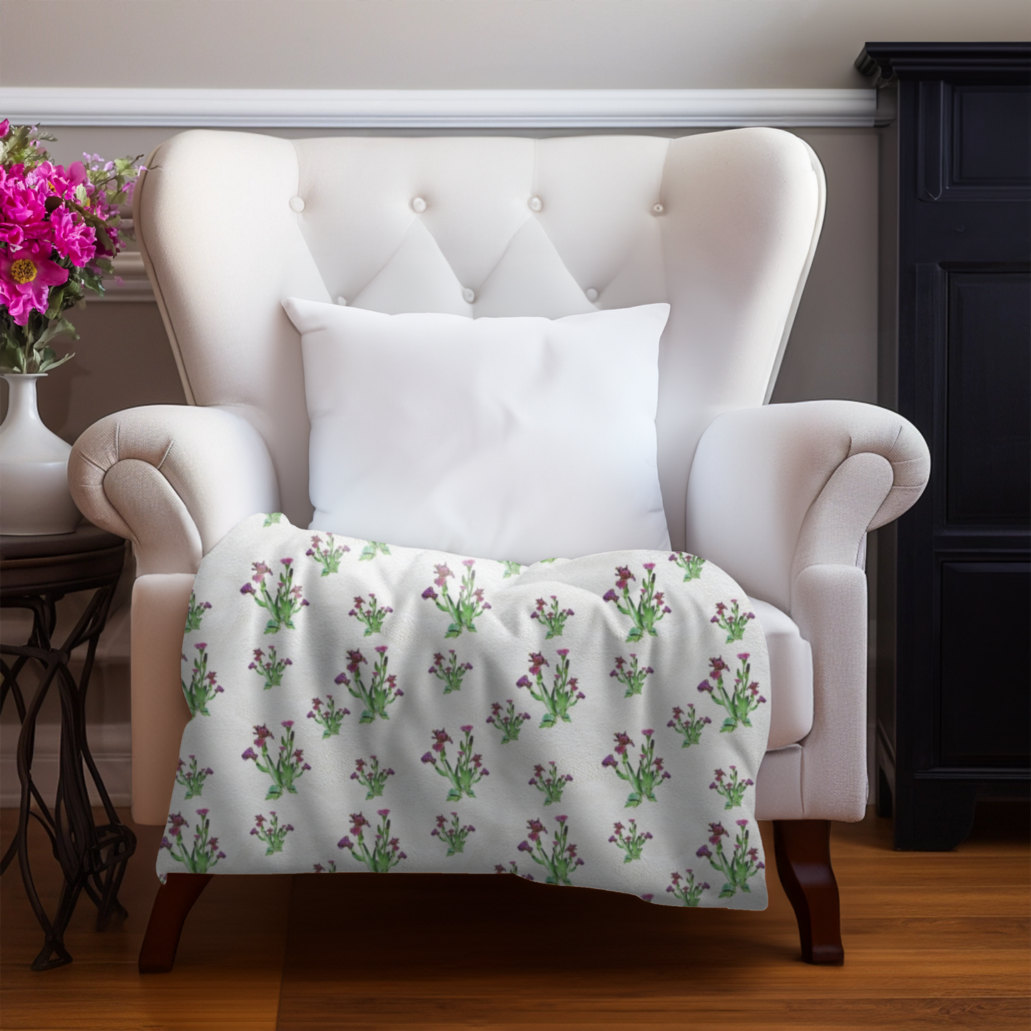 Velveteen Plush Blanket Featuring Purple Irises. Available in sizes from 30” x 40”-60” x 80”