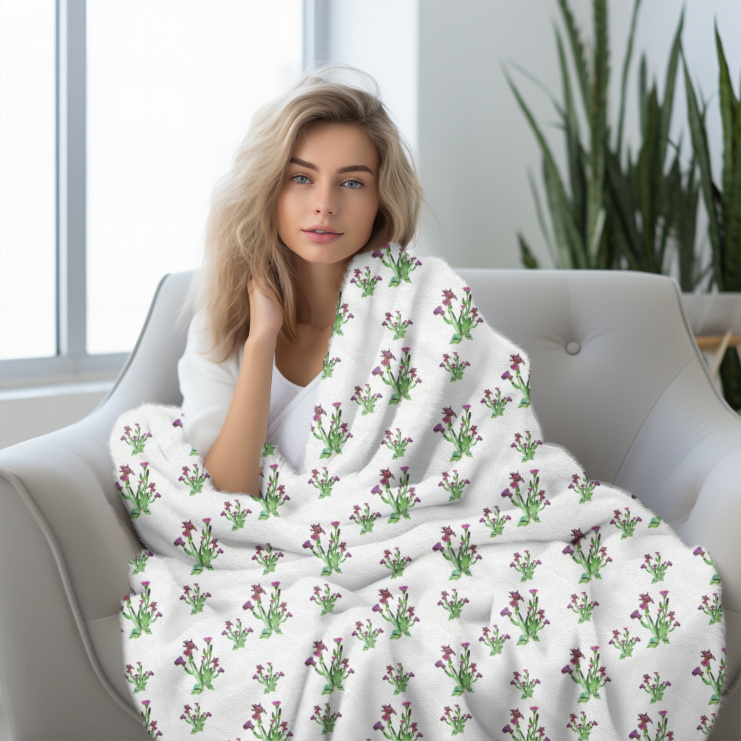 Velveteen Plush Blanket Featuring Purple Irises. Available in sizes from 30” x 40”-60” x 80”