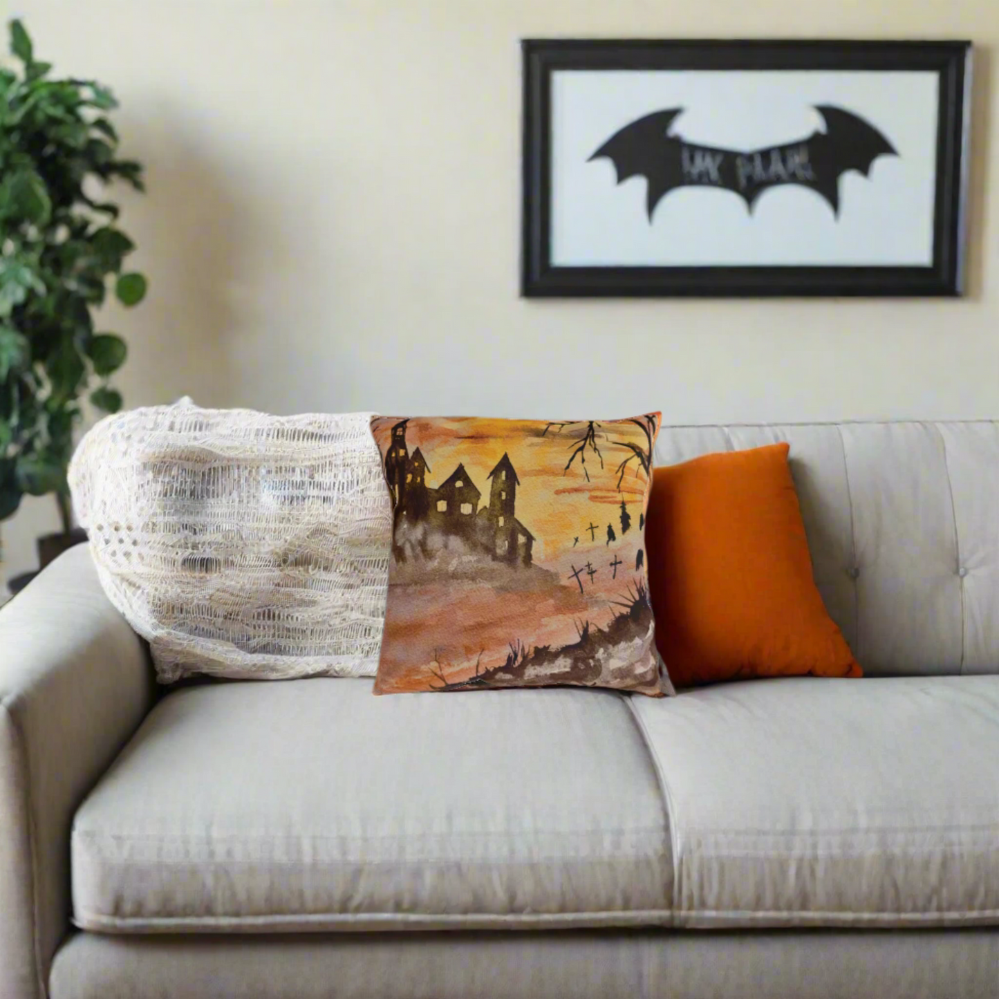 Halloween House and Graveyard Pillows. Available in sizes from 16” x 16”-20” x 20”