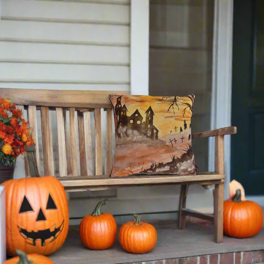 Halloween House and Graveyard Pillows. Available in sizes from 16” x 16”-20” x 20”