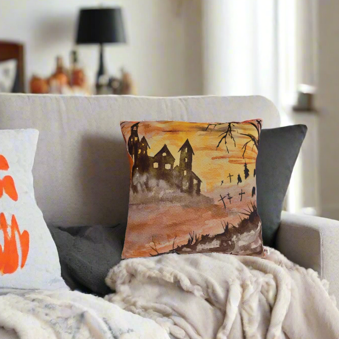 Halloween House and Graveyard Pillows. Available in sizes from 16” x 16”-20” x 20”