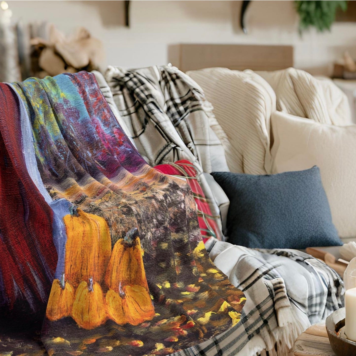 Fall Gathering Fleece Sherpa Blanket. Available in sizes from 50” x 60”-60” x 80”