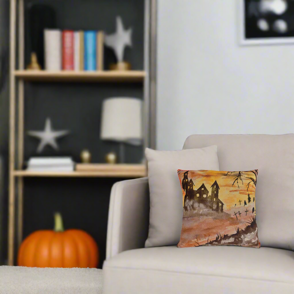 Halloween House and Graveyard Pillows. Available in sizes from 16” x 16”-20” x 20”
