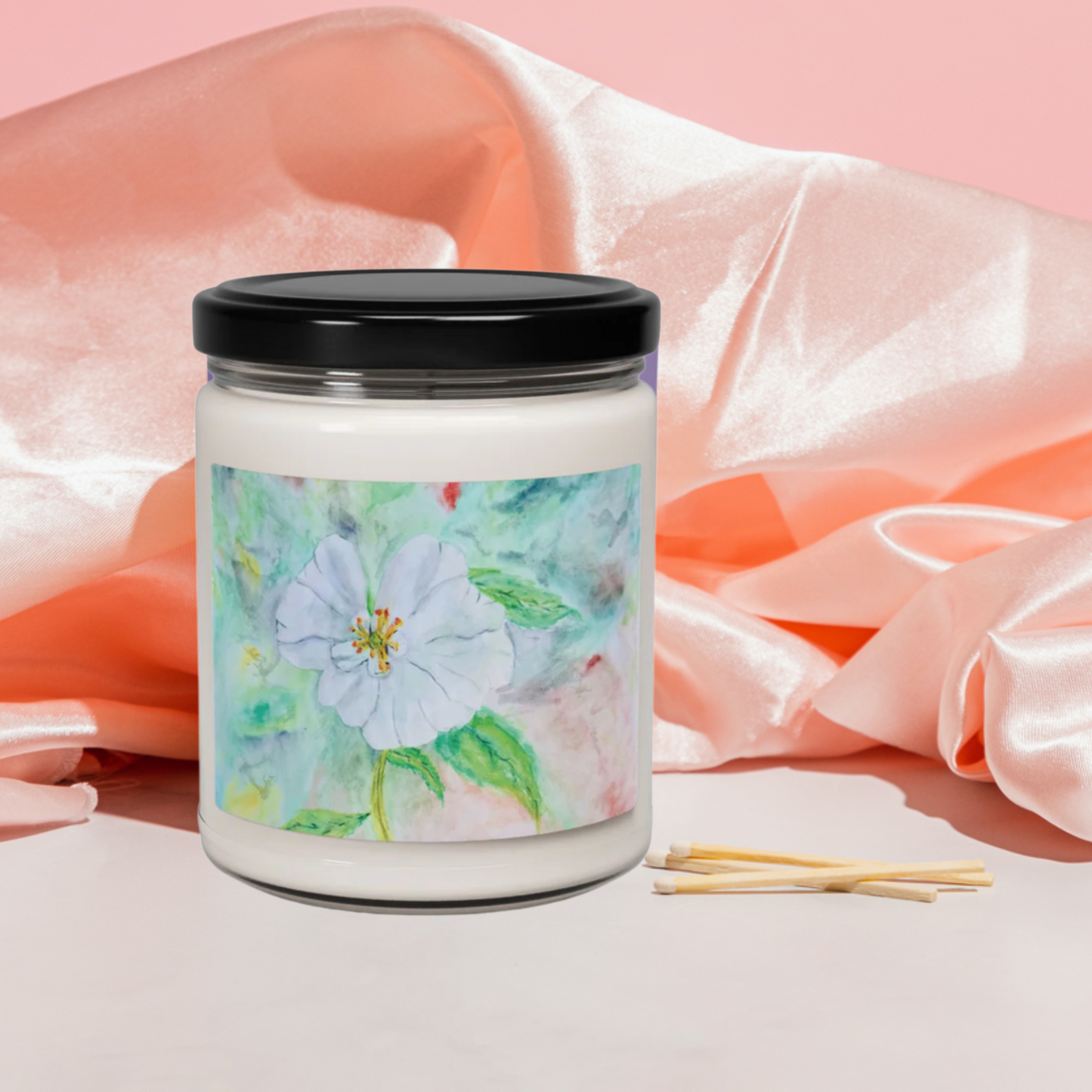 Eco-Friendly Soy Candle (9 oz.), Featuring Delicate Watercolor White Flower. Multiple Scents Available.
