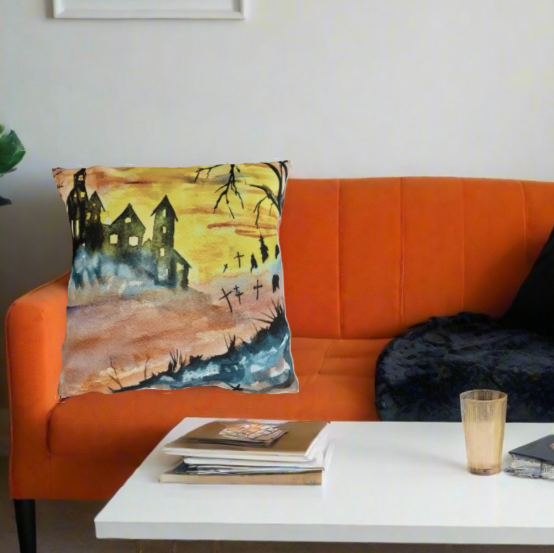 Halloween House and Graveyard (Vibrant) Pillows. Available in sizes from 16” x 16”-20” x 20”
