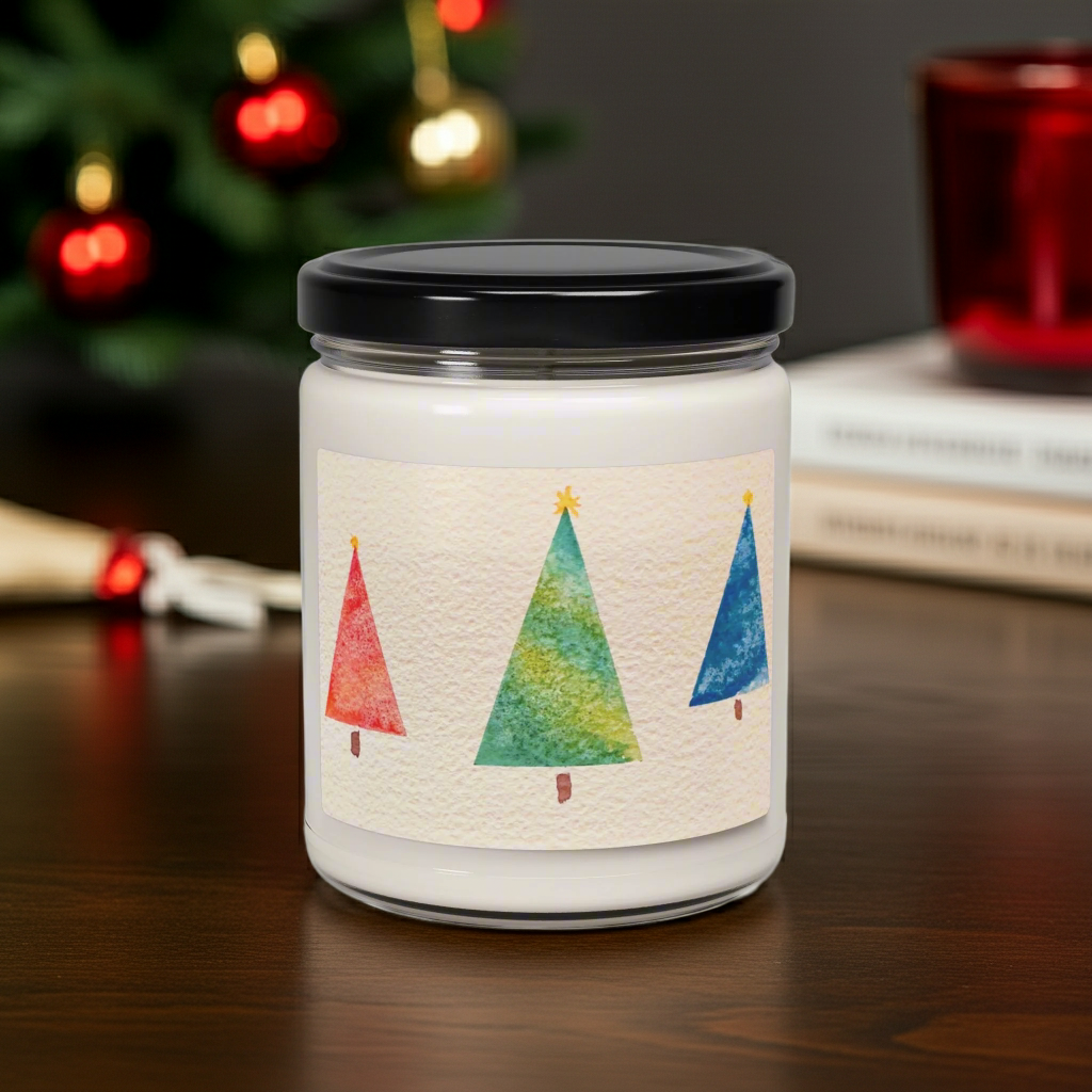 Eco-Friendly Soy Candle (9 oz.), Featuring Happy Holiday Trees. Multiple Scents Available