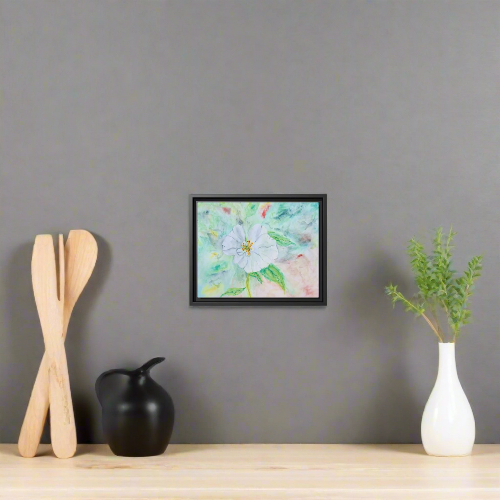 White Flower Watercolor Matte Canvas with Black Frame. Available in sizes from 12” x 9”-20” x 16”