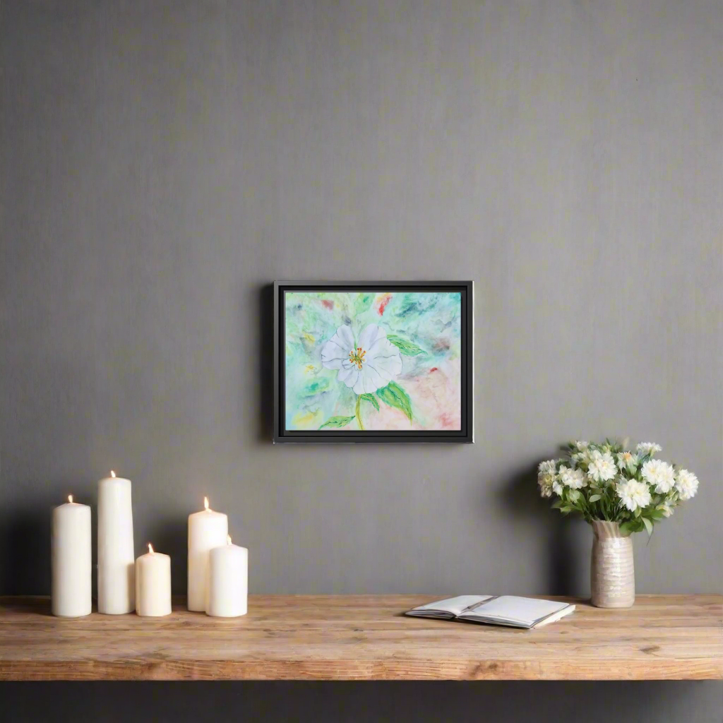 White Flower Watercolor Matte Canvas with Black Frame. Available in sizes from 12” x 9”-20” x 16”