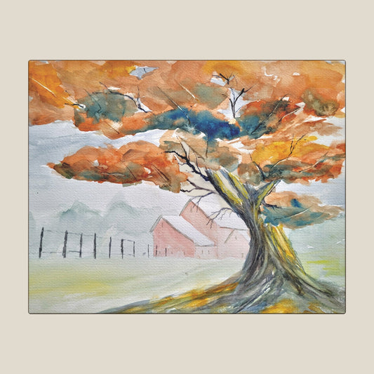 Painting of a tree with autumn colors and a house in the background