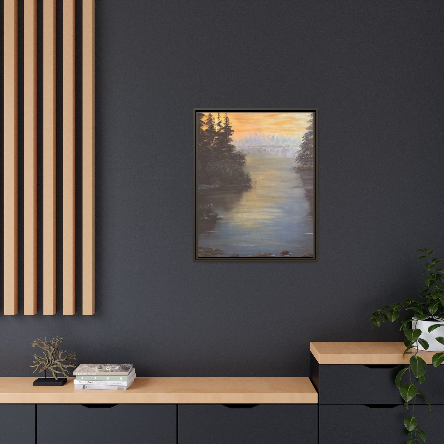 Peaceful Northwoods Lake Matte Canvas with Black or Espresso Frame. Available in sizes from 8” x 10”-24” x 32”