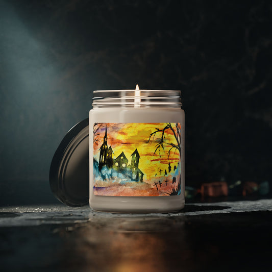 Eco-Friendly Soy Candle (9 oz.), Featuring Vibrant Halloween House and Graveyard Art. Multiple Scents Available.