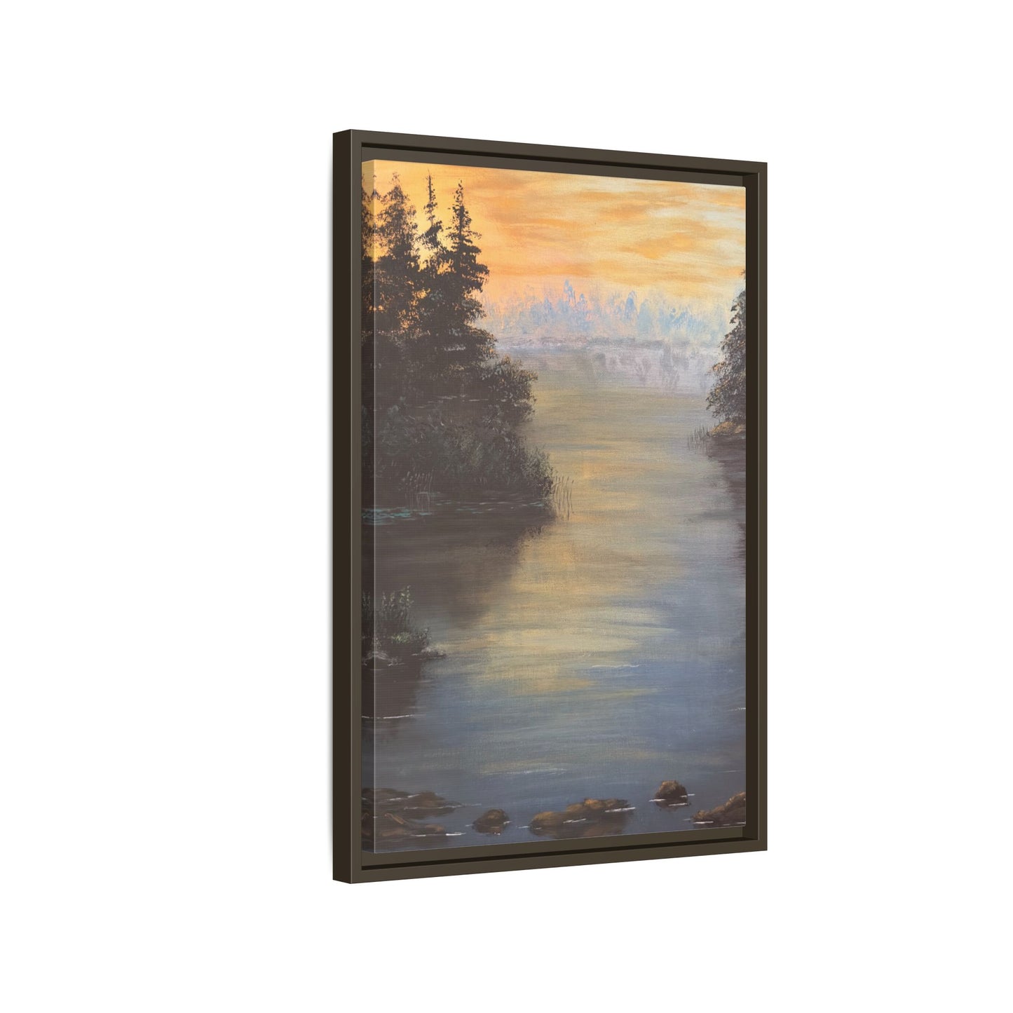 Peaceful Northwoods Lake Matte Canvas with Black or Espresso Frame. Available in sizes from 8” x 10”-24” x 32”