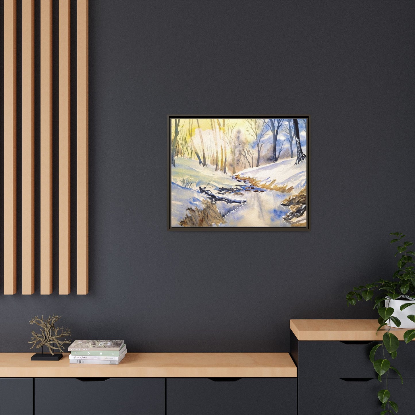 Snowy Creek Matte Canvas, Framed (Black or Espresso). Available in sizes from 10”x8”-32”x24”