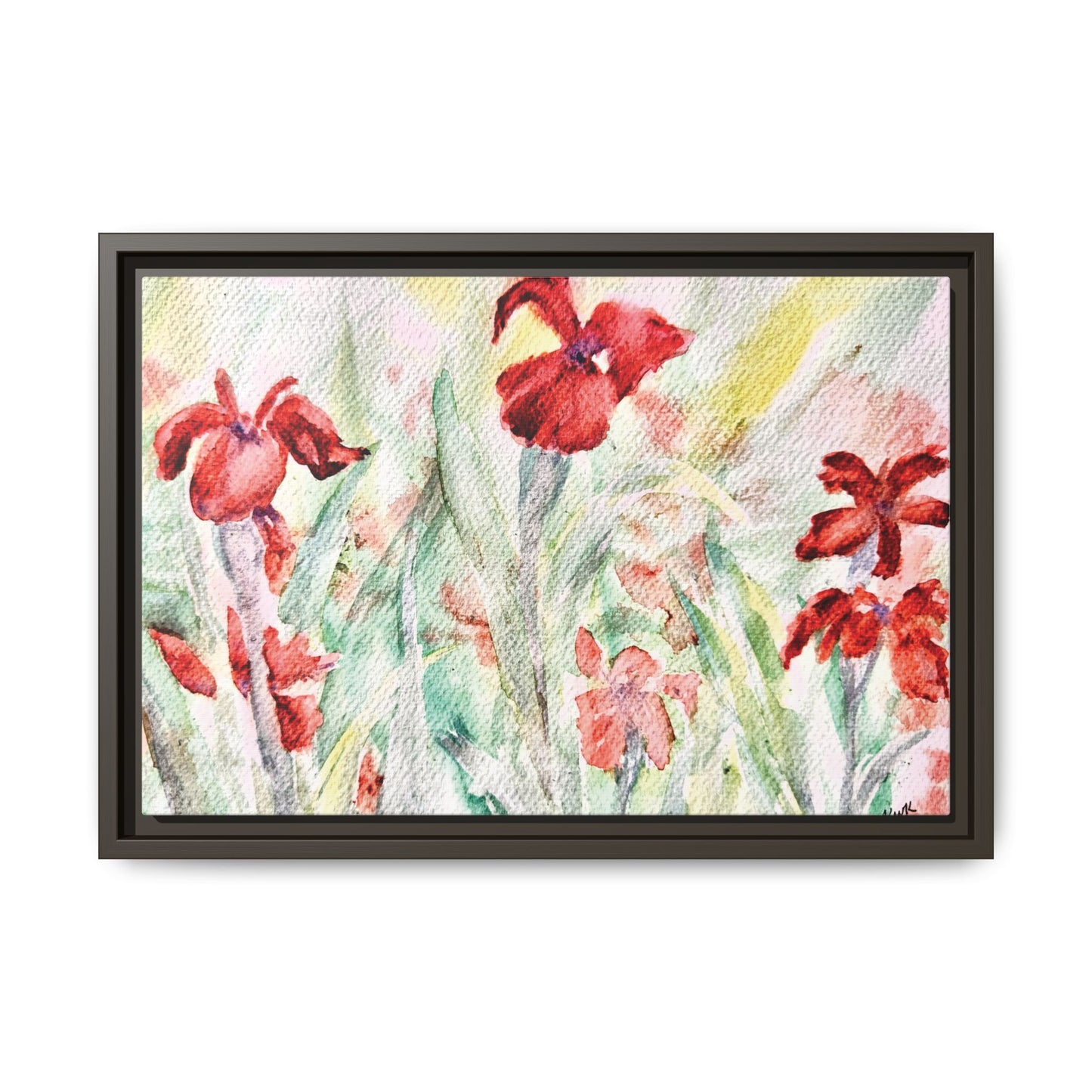 Abbeville Red Irises Matte Canvas, Framed (Black or Espresso). Available in sizes from 10”x8”-30”x24”