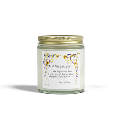 We Make It Our Work Scented Candles, Coconut Apricot Wax (4oz, 9oz), Featuring an Arbor of Sunflowers