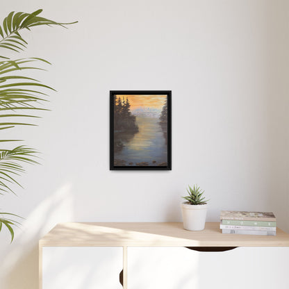 Peaceful Northwoods Lake Matte Canvas with Black or Espresso Frame. Available in sizes from 8” x 10”-24” x 32”