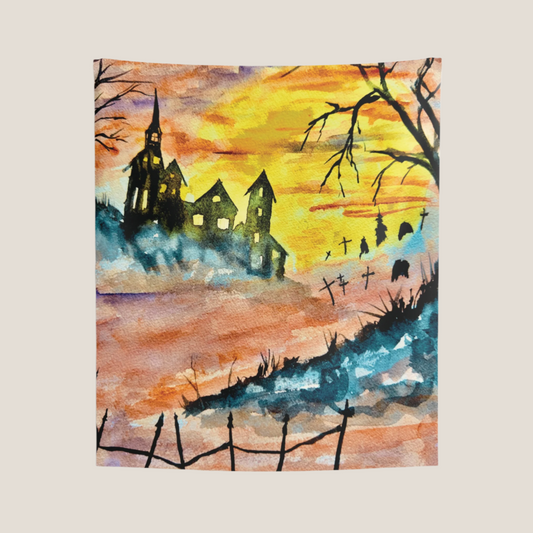 Halloween House and Graveyard Vibrant Indoor Wall Tapestry. Available in size 26” x 36” and 50” x 60”