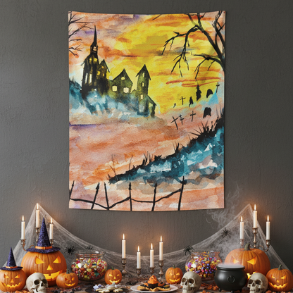 Halloween House and Graveyard Vibrant Indoor Wall Tapestry. Available in size 26” x 36” and 50” x 60”