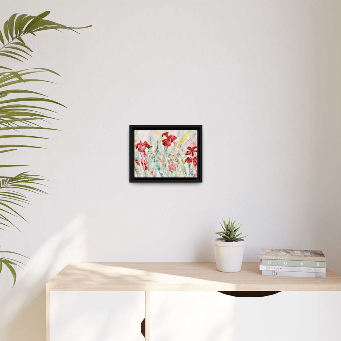 Abbeville Red Irises Matte Canvas, Framed (Black or Espresso). Available in sizes from 10”x8”-30”x24”