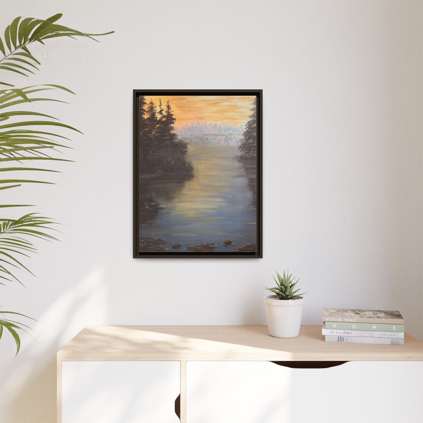 Peaceful Northwoods Lake Matte Canvas with Black or Espresso Frame. Available in sizes from 8” x 10”-24” x 32”