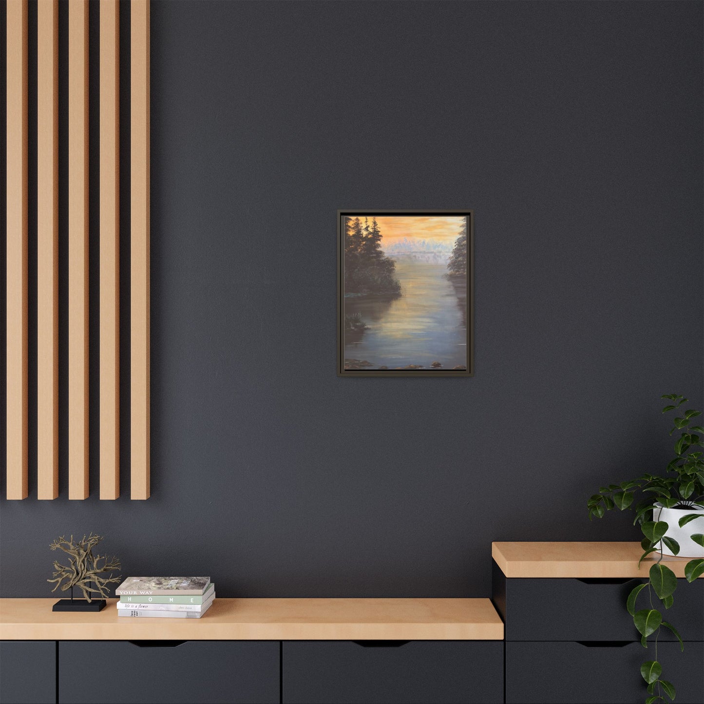 Peaceful Northwoods Lake Matte Canvas with Black or Espresso Frame. Available in sizes from 8” x 10”-24” x 32”