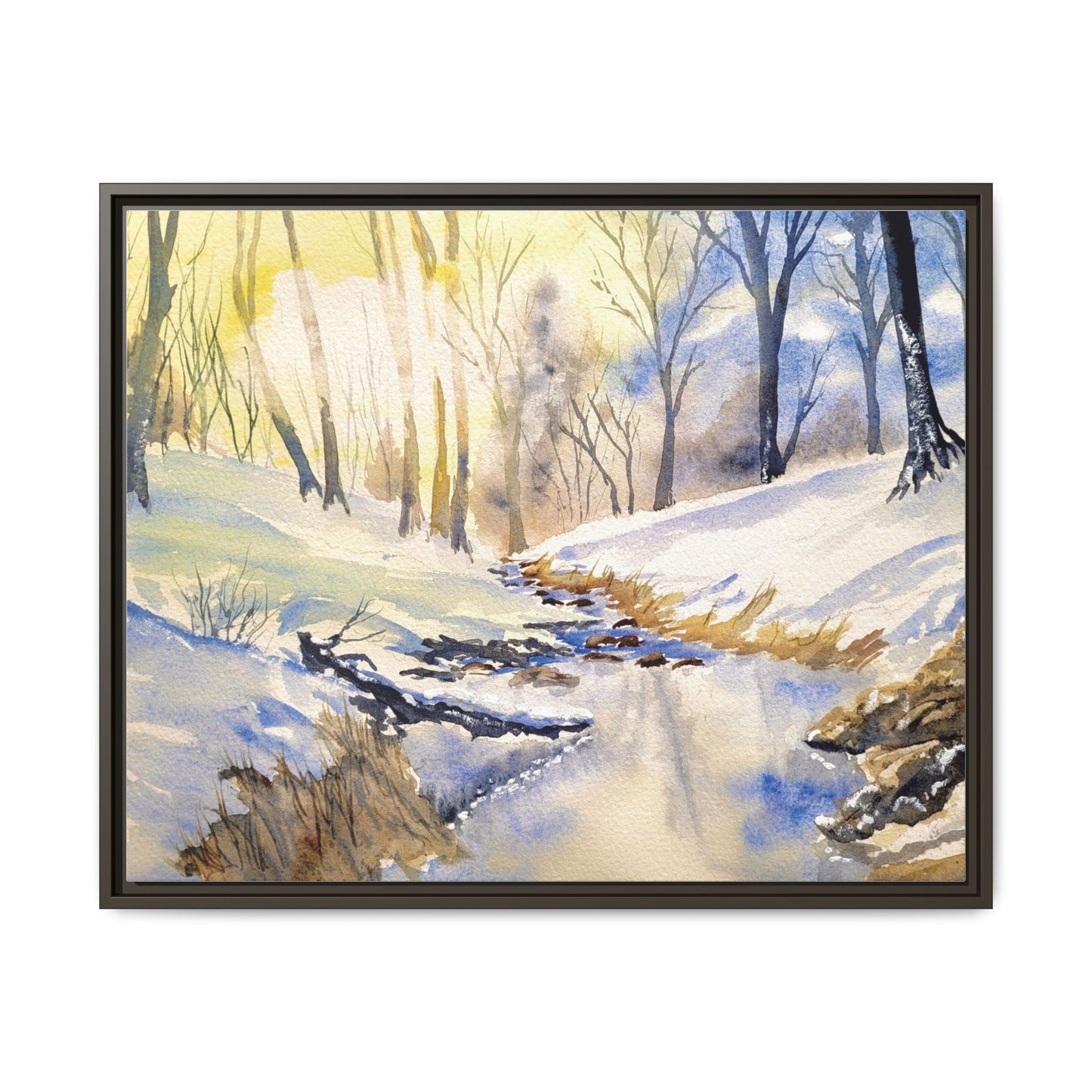 Snowy Creek Matte Canvas, Framed (Black or Espresso). Available in sizes from 10”x8”-32”x24”