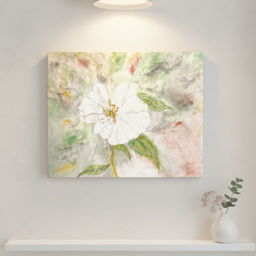 White Flower Watercolor—Muted Matte Canvas, Stretched, 1.25". Available in sizes from 10” x 8”-24” x 20”