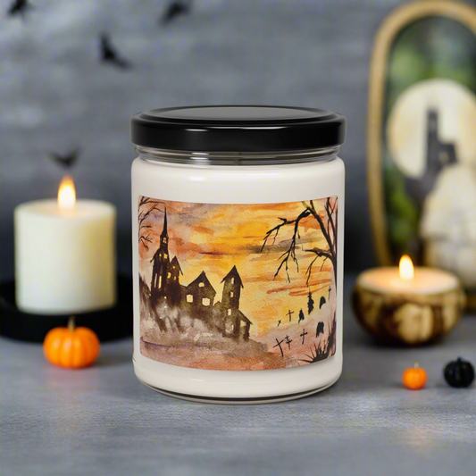 Eco-Friendly Soy Candle (9 oz.), Featuring Halloween House and Spooky Graveyard Art. Multiple Scents Available.