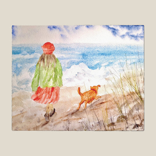 Watercolor painting of a person and a dog walking on a beach.