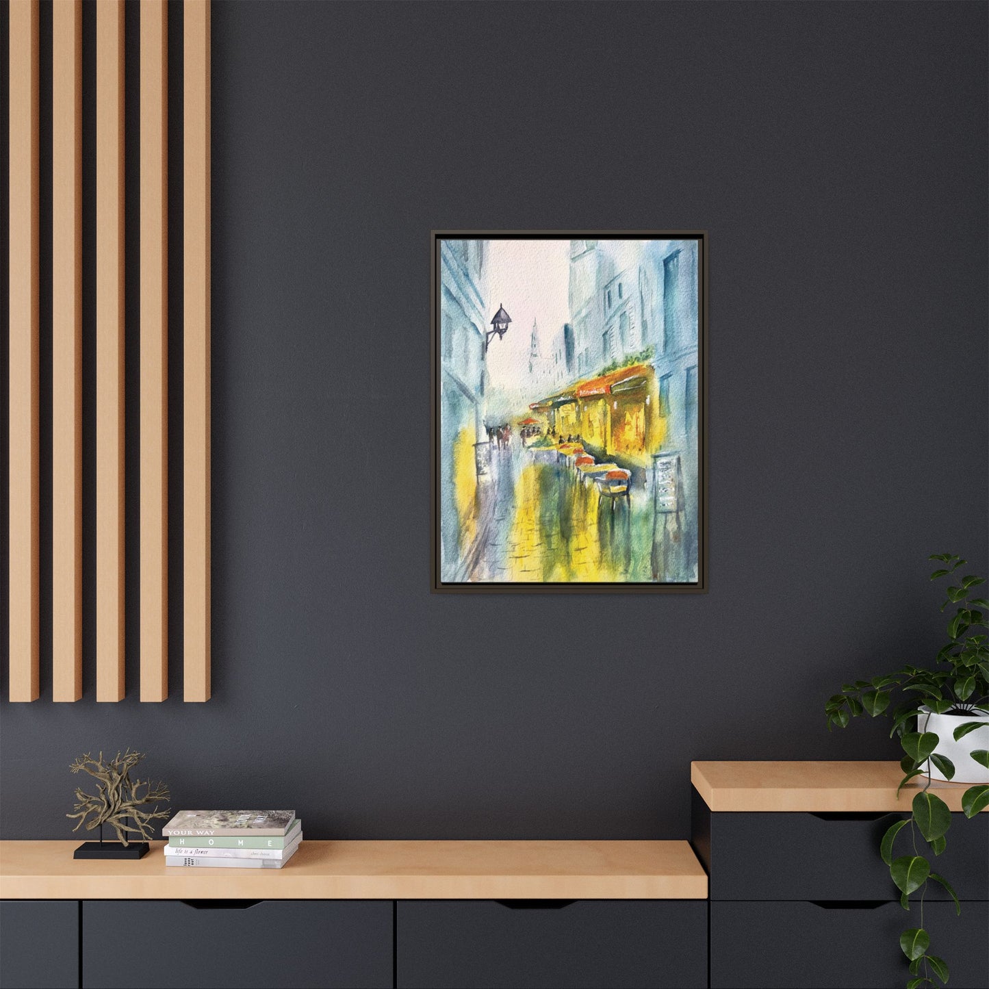Cafe Reflections Matte Canvas, Framed (Black or Espresso). Available in sizes 8”x10”-24”x32”