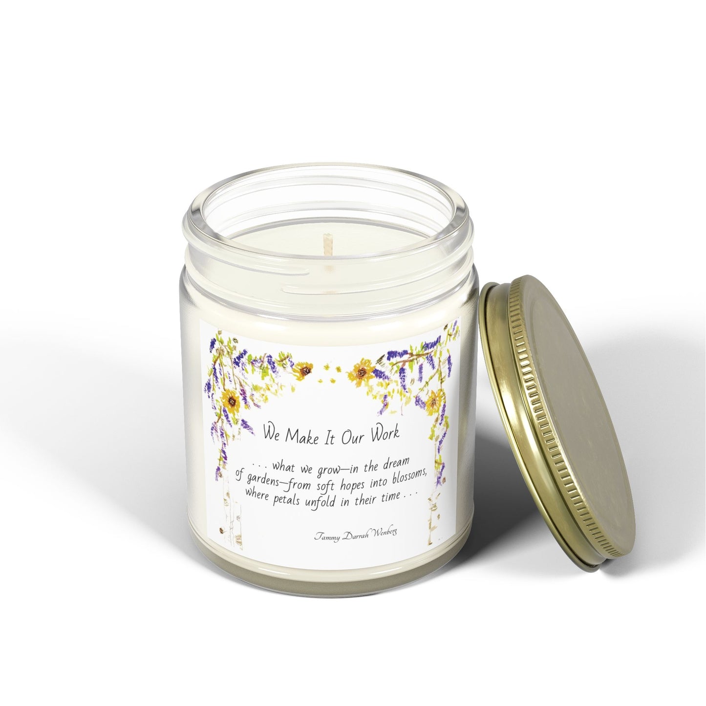 We Make It Our Work Scented Candles, Coconut Apricot Wax (4oz, 9oz), Featuring an Arbor of Sunflowers