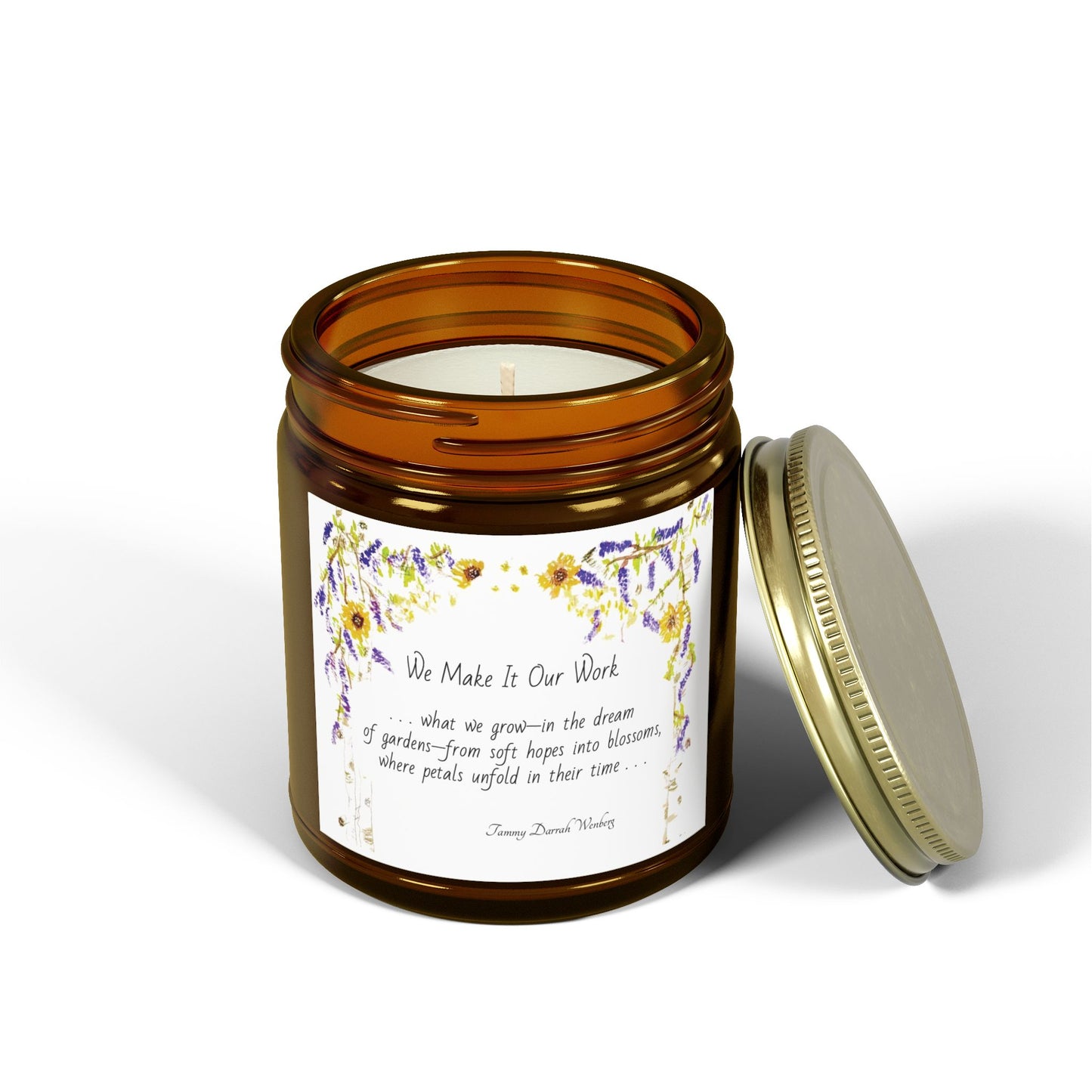 We Make It Our Work Scented Candles, Coconut Apricot Wax (4oz, 9oz), Featuring an Arbor of Sunflowers