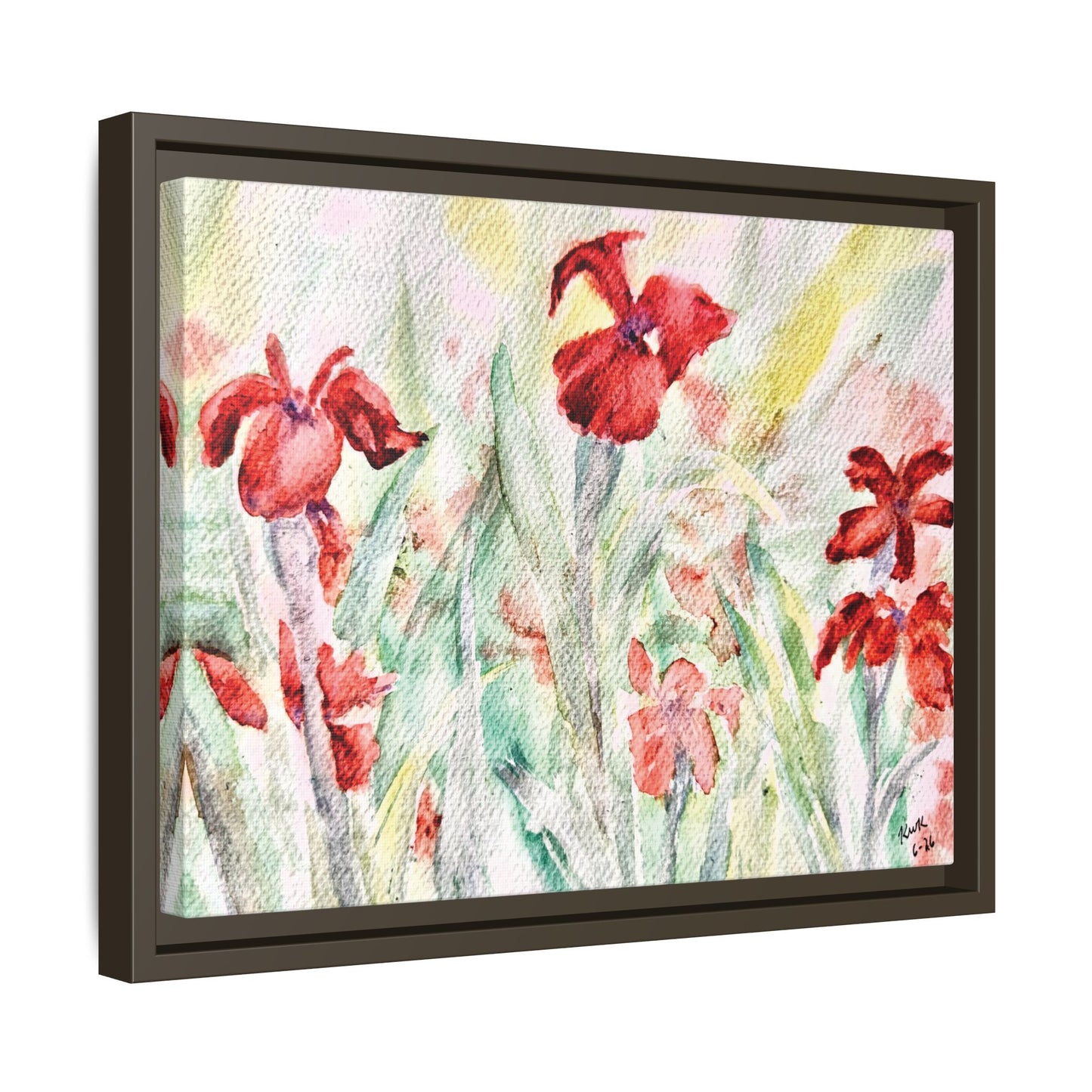 Abbeville Red Irises Matte Canvas, Framed (Black or Espresso). Available in sizes from 10”x8”-30”x24”