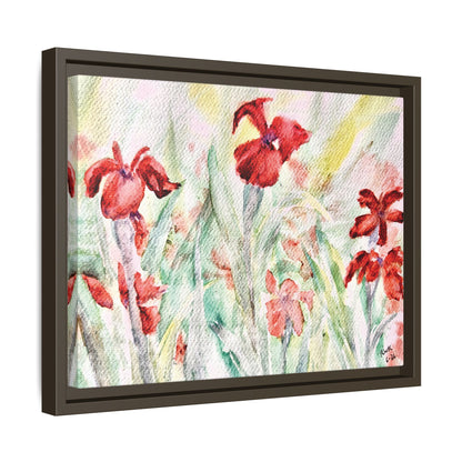 Abbeville Red Irises Matte Canvas, Framed (Black or Espresso). Available in sizes from 10”x8”-30”x24”